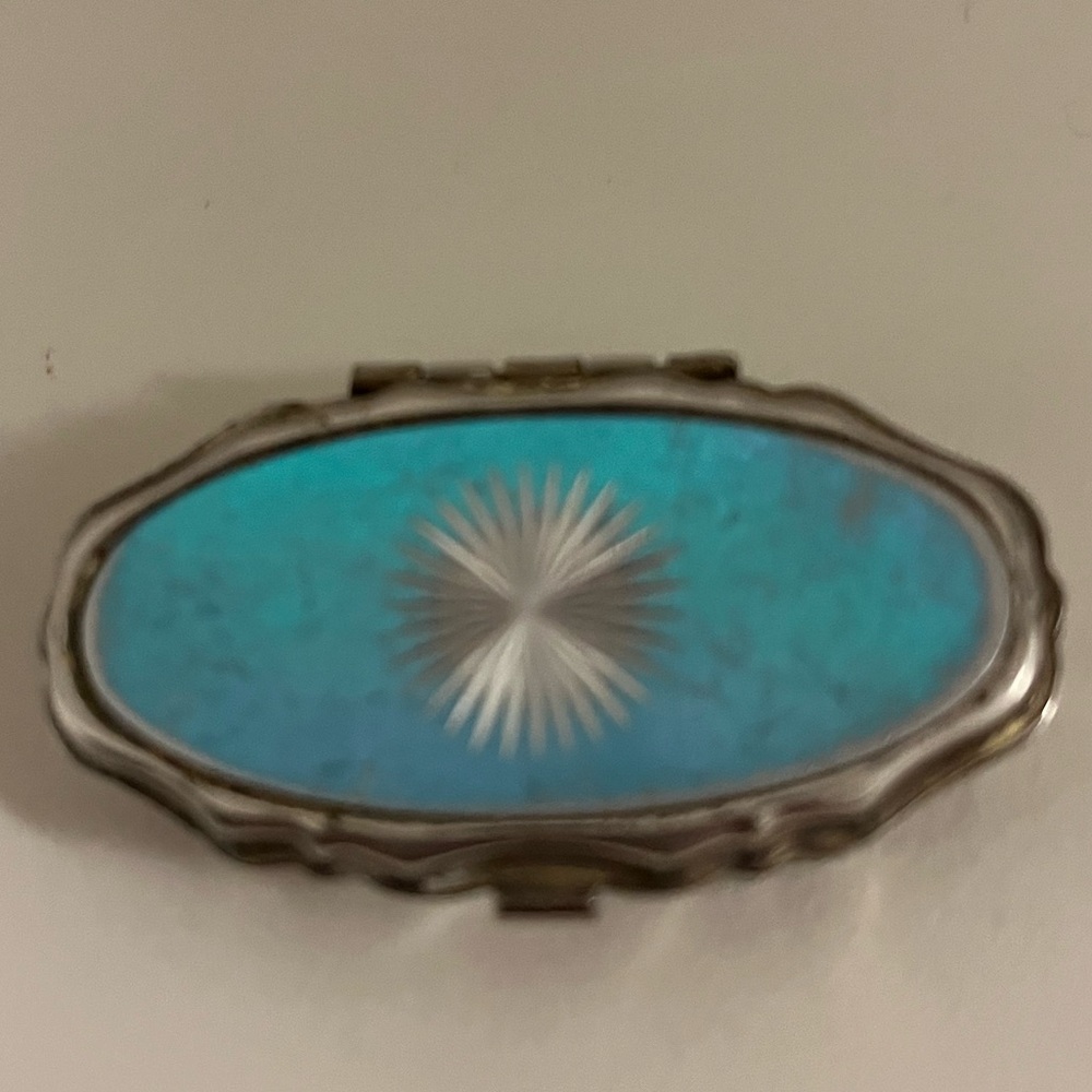 Vintage Starburst Pill Box Container Silver 2" Aqua Blue